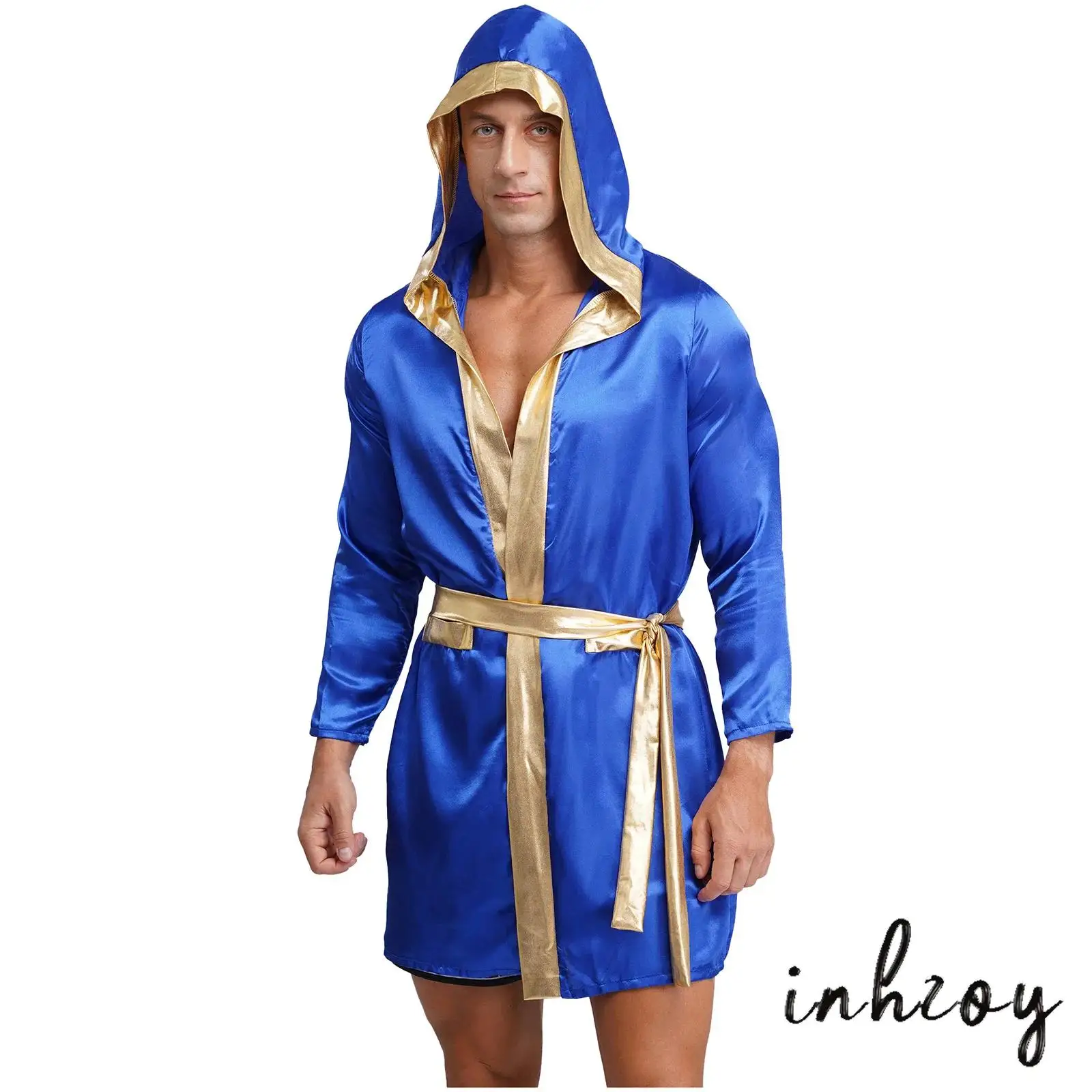 

Mens Boxing Gown Robe Professional Boxer Costume Long Sleeve Open Front Metallic Shiny Trim Satin Hooded Cloak with Belt