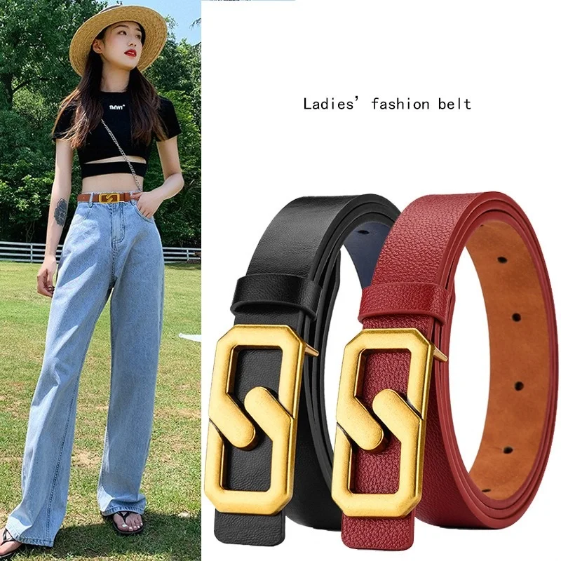 ZLY 2024 New Fashion Solid Belt Women 105CM PU leather Material Alloy Golden Rectangle Buckle Casual Jeans Versatile Style Belt