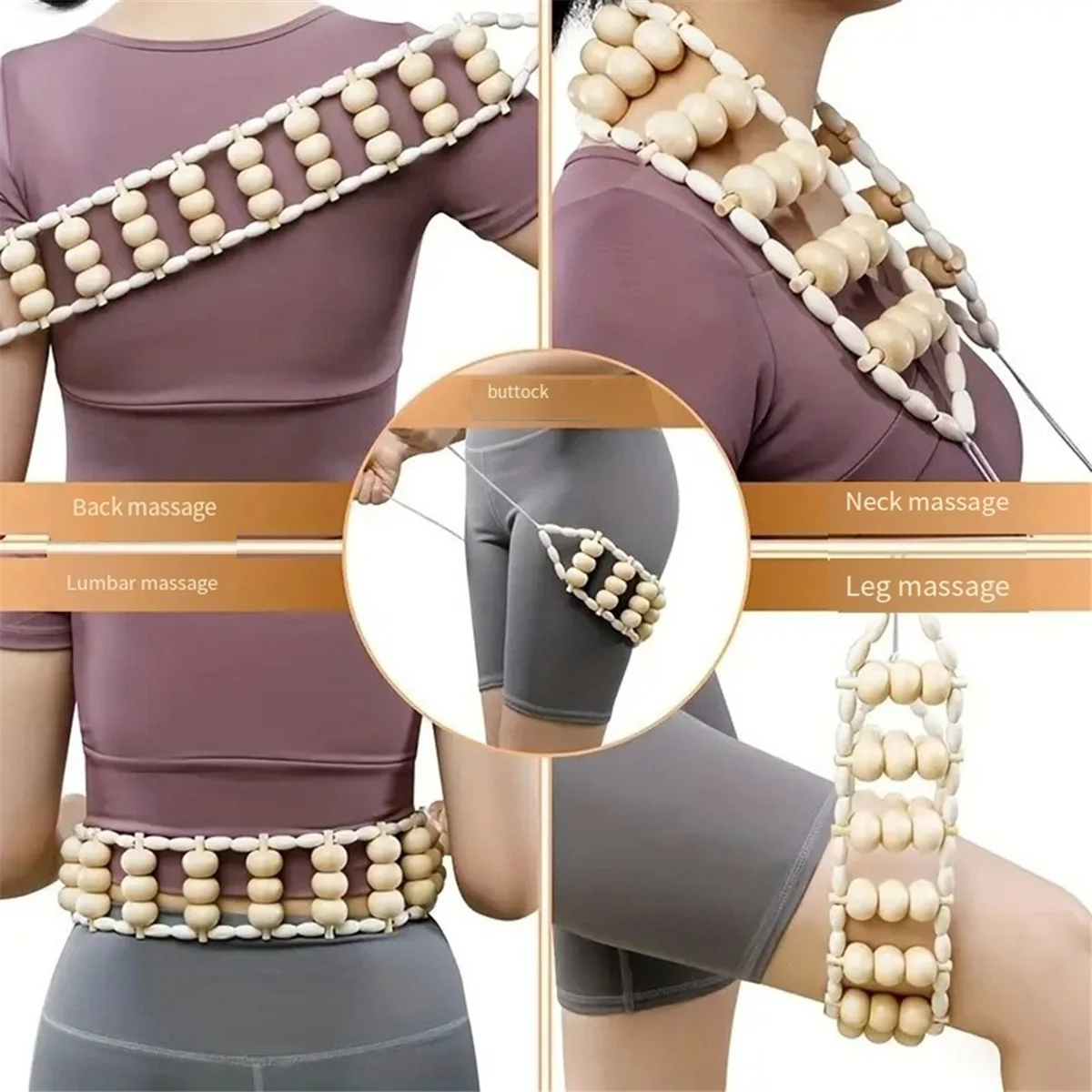 جهاز تدليك الظهر بحبل A71P - أداة تدليك مقاس 47.2 بوصة للظهر والرقبة والساقين والخصر وأسطوانة تدليك خشبية