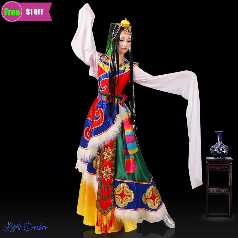 Mongolian Party Clothes Chinese Water Sleeve Folk Dance Costumes Clothing Stage Dancer Outfit Wear Performance Tibetan Dress