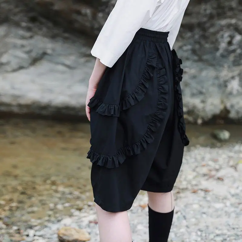 2025 summer new cool personalized fungus pleated five-point pants loose shorts women's high-waisted casual wide-leg pants