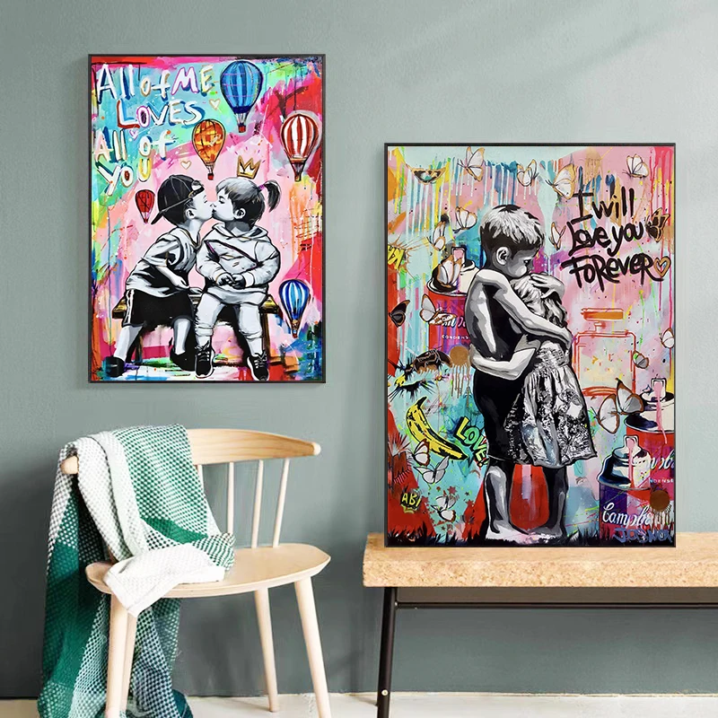 

Boy Girl Hug Love Street Art Graffiti Canvas Painting Couple Posters and Prints Pop Art Wall Pictures Gift for Him Room Decor