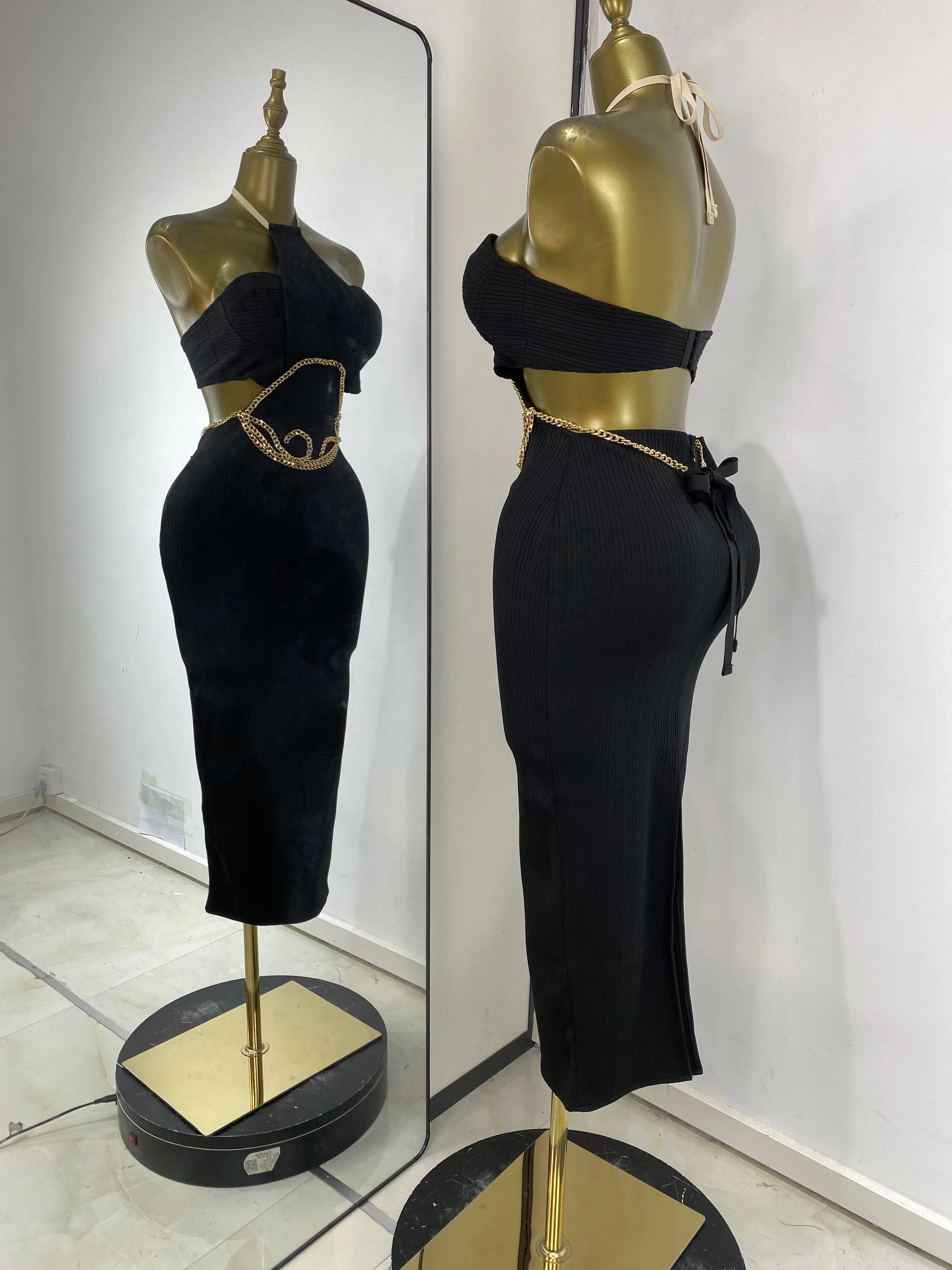 Feminino novo preto kib bandage vestido halter bustier corte corrente de ouro longo elástico malha celebridade noite clube vestidos de festa