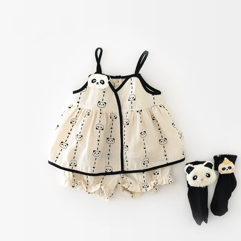 2025 Summer Baby Clothes Panda Printed Set 0-3Y Girls Sling Blouses + Shorts Toddler Kids 2Pcs Suit with Panda Doll