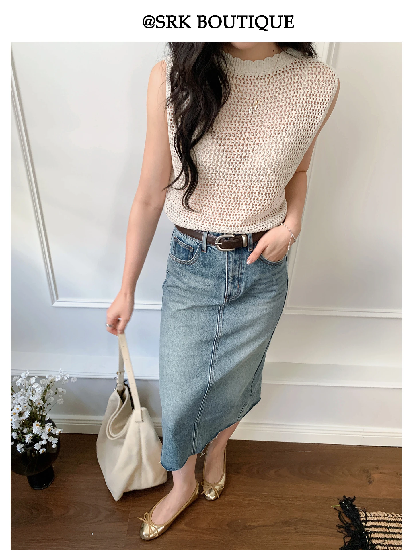 

SRK Retro Denim Skirt High Waist Slimming Versatile Back Split Mid-Length Wrap Body Skirt Breathable Cotton Casual Skirt