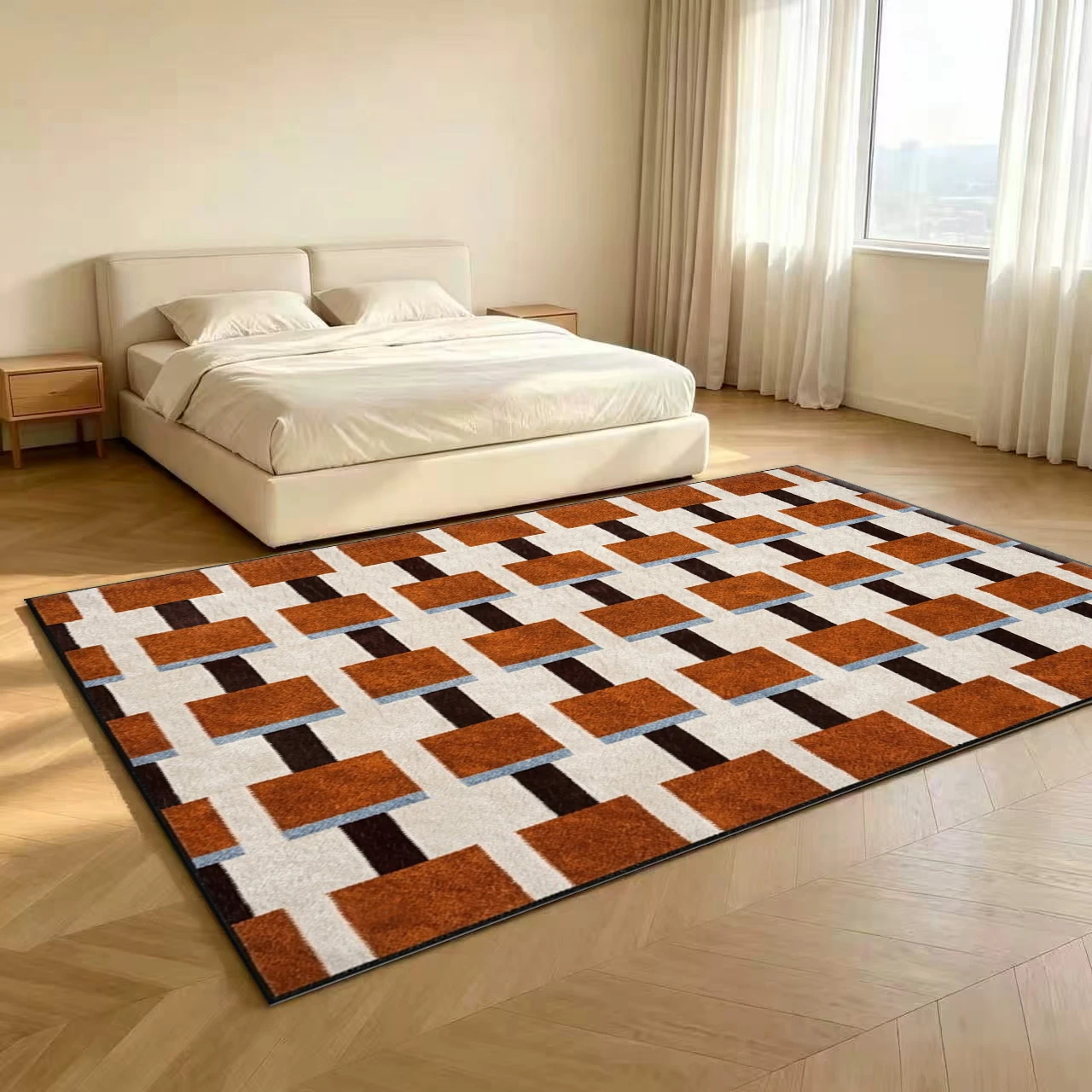 Mid‑Century Geometric Square Grid Area Rug Burnt Orange Cream Non‑Slip Carpet Floor Mat for Living Room Bedroom Home Decor