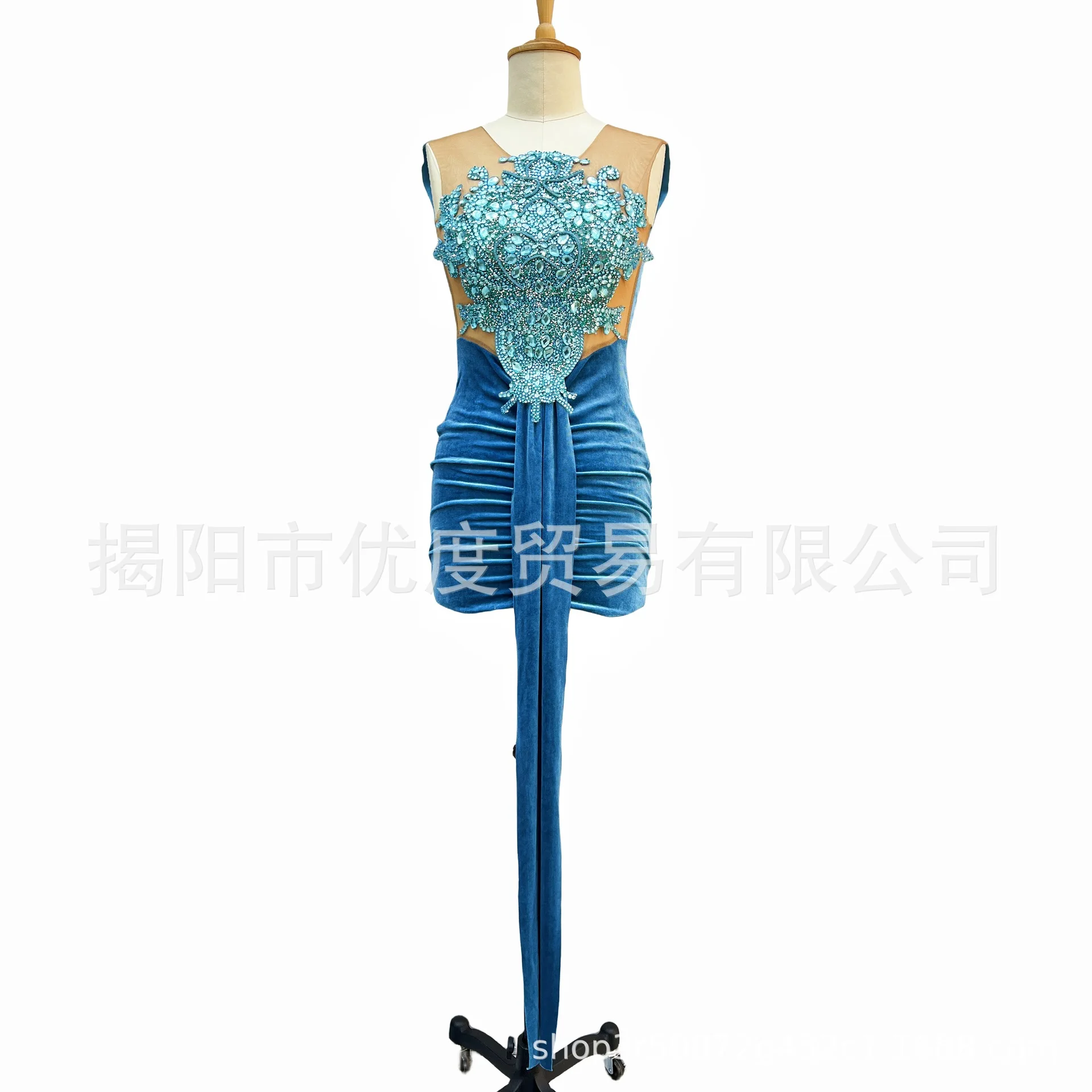 Personalized Niche Hip Wrap Velvet Glam Rhinestone Birthday Dress Cocktail Party Night Skirt Performance Blue Waist Gala Dresses