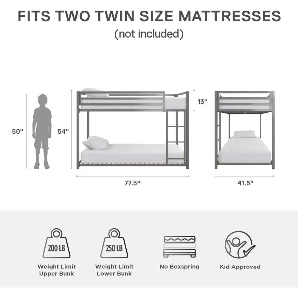 Gratis shippingMetal Bunk Bed Frame untuk anak-anak, dengan tangga Built-in, pagar pembatas tinggi dan bilah logam, tempat tidur bawah lantai, tidak ada Boxsp