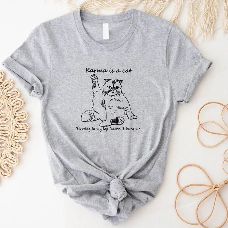 Karma Is A Cat She Loves Me Cotton Women T Shirt Midnight Album Outfit Meow Lovers Tshirts  Funny Cat Mom T-Shirt Dropshipping