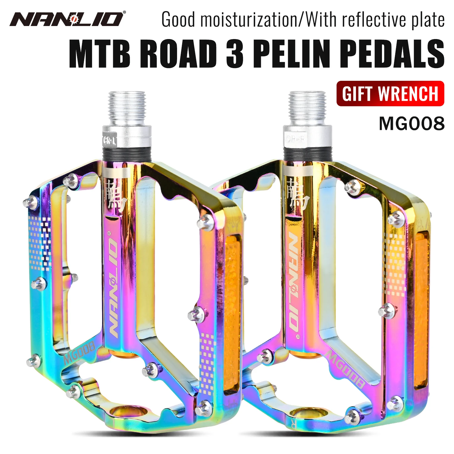 Nanlio Mountain Bike Pedals, Cross-Country, Trail, 6 Sealed Bearings, Wide Platform, 2 Reflectors, 18 Anti-Skid Pins, 290g Pair