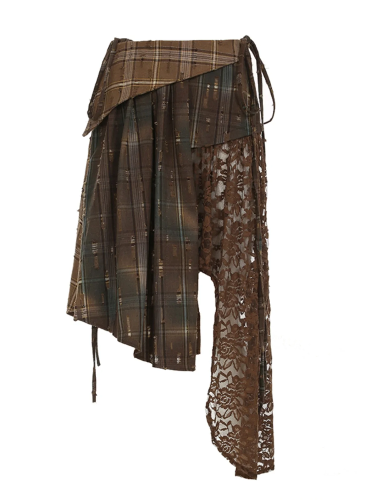 Low Waist Plaid Lace Splicing  Skirt Asymmetrical Hem Vintage Sle Women's Polyester Skirt A-Line Skirt Romore