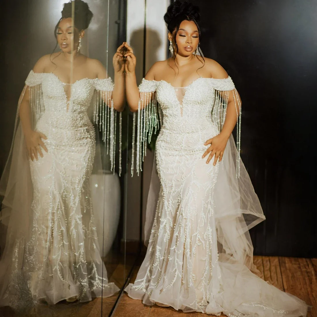 Customized  Tassels Off the Shoulder Sparkly Pearls Beads Bridal Dress 2025 Vestidos De Novia Luxury Arabic Wedding Gowns