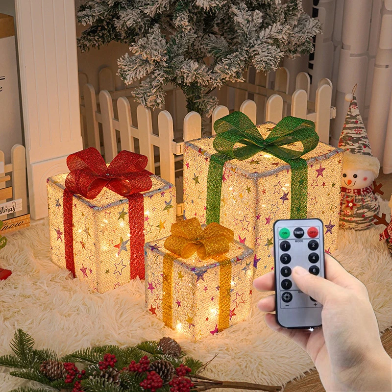 Boîte-cadeau de Noël avec télécommande, lumières LED, escales de vacances, intérieur, extérieur, accessoires de décoration de festival, ornement