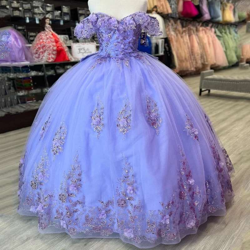 

Мексиканское Лавандовое бальное платье с открытыми плечами, платье Quinceanera, кружевные платья с бисером и аппликацией для дня рождения, милое платье на шнуровке 16