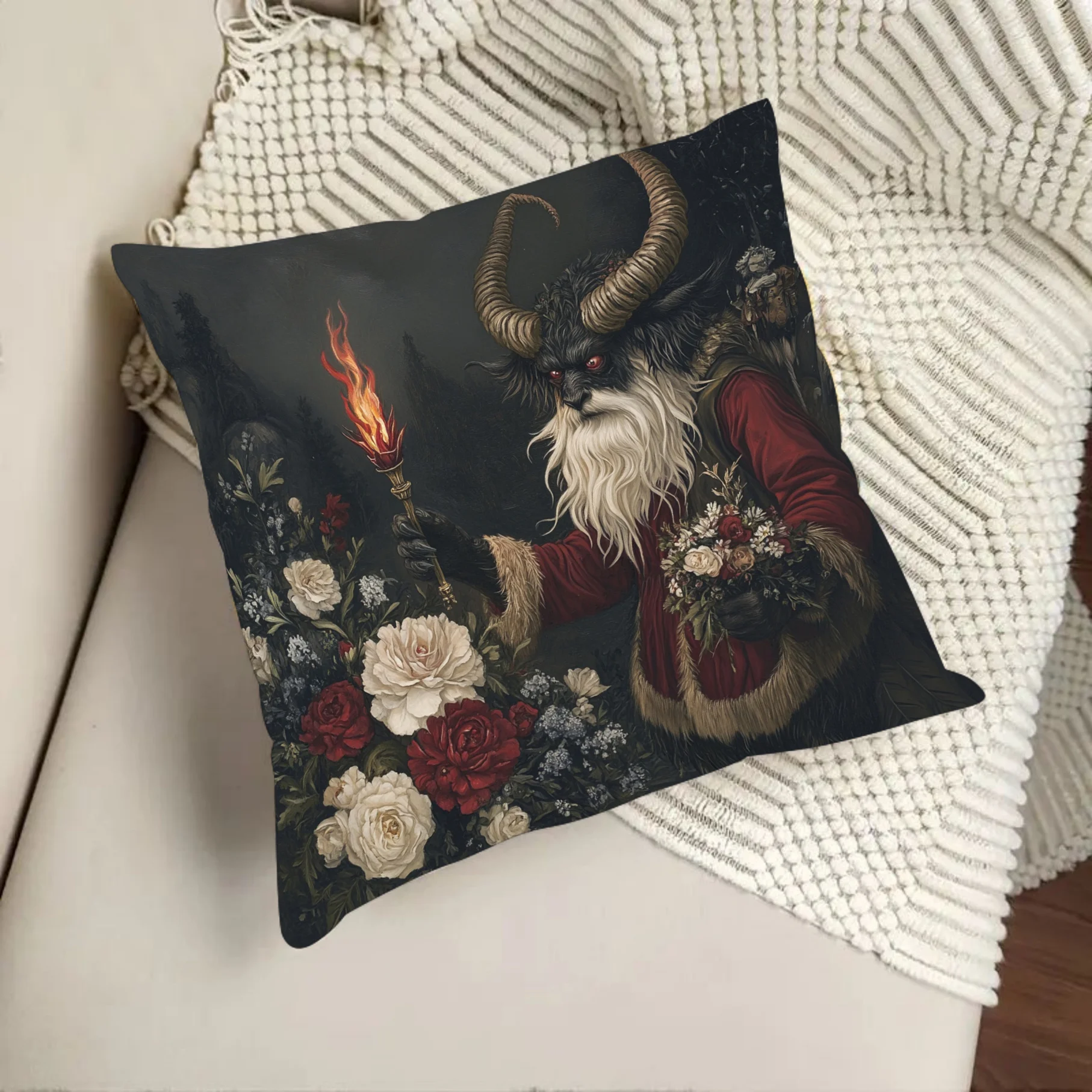 Double Sided Gothic Krampus Pillow Cover Dark Christmas Demon Floral Print Cushion Cover for Spooky Home Decor