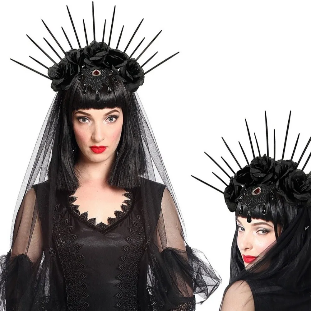 

Retro Mesh Halloween Headband Rhinestone Rose Veil Headband Gothic Crown Bride Hairband Props