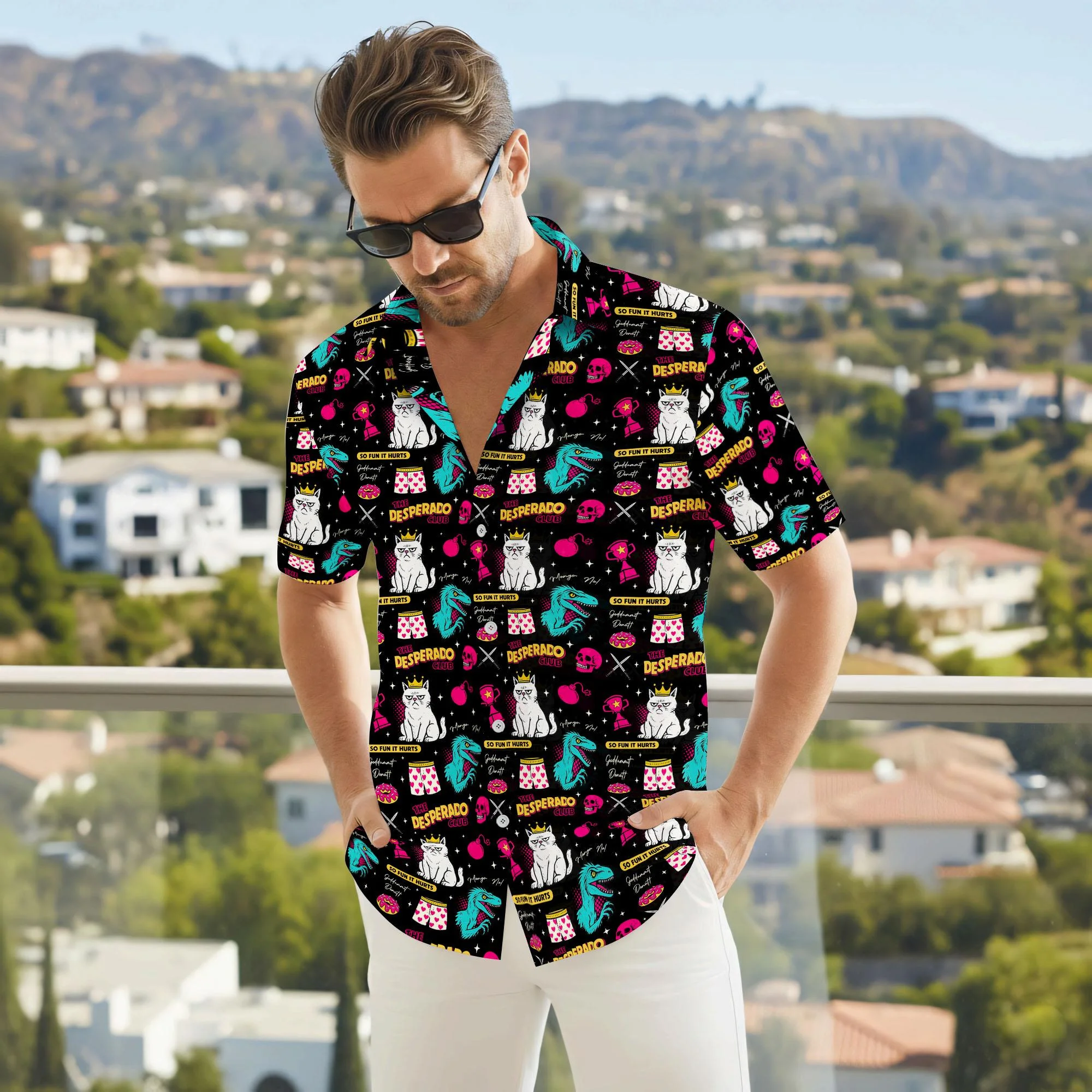 

New Dungeon Crawler Carl Button Cat Shirt And Shorts, Gamer Humor Button Shirt, Gaming Meme Hawaii Shorts, Dungeon Cat Hawaiian