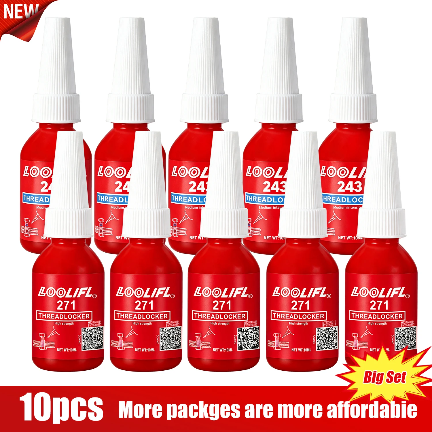 Pacote Grande - Cola Portátil para Uso Externo, Cola Azul Removível Anaeróbica de Força Média, Resistente a Óleo e Vibração + Combo de Cola Vermelha Permanente de Alta Força para Fixação de Parafusos, Capacidade de 10ml, Removível