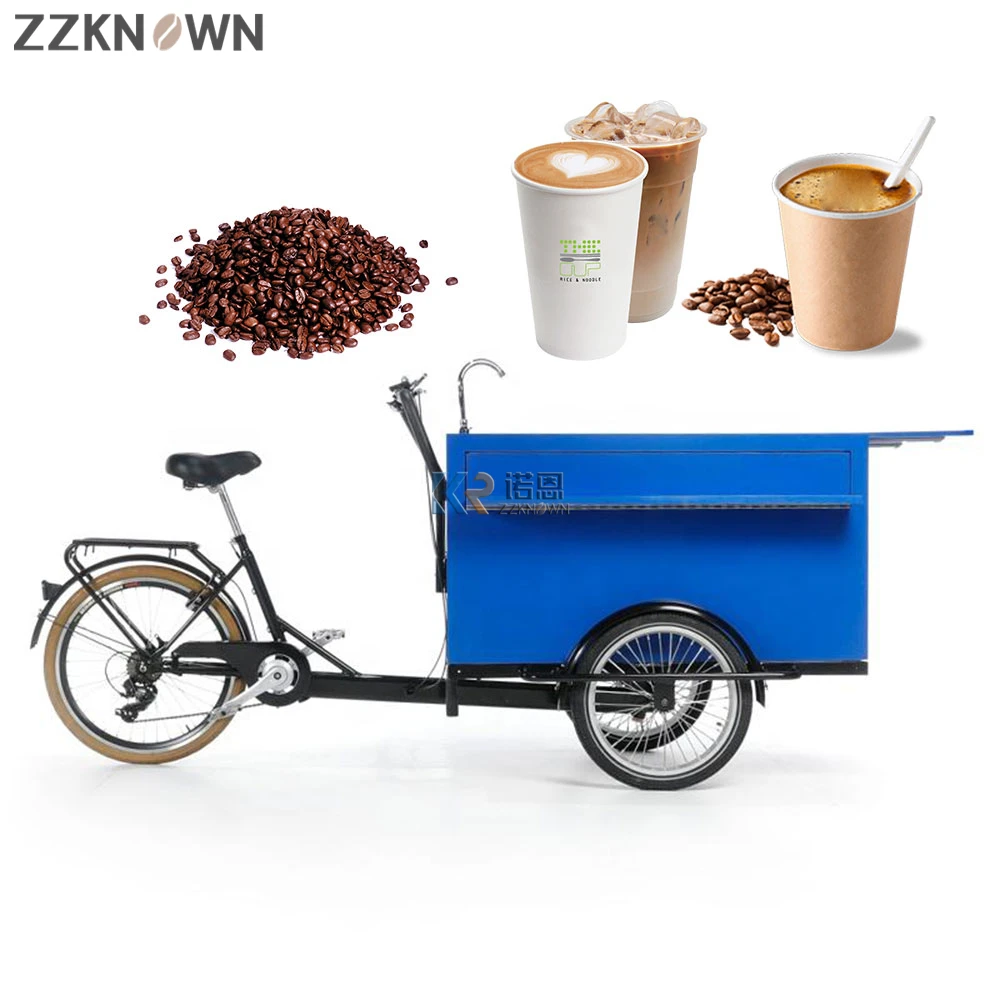 2022 Blue Color Drivable Mobile Coffee Cart Trailers Electric Bike Street Food Kiosk Cart Outdoor Adult Bicycle 3 Wheel Tricycle