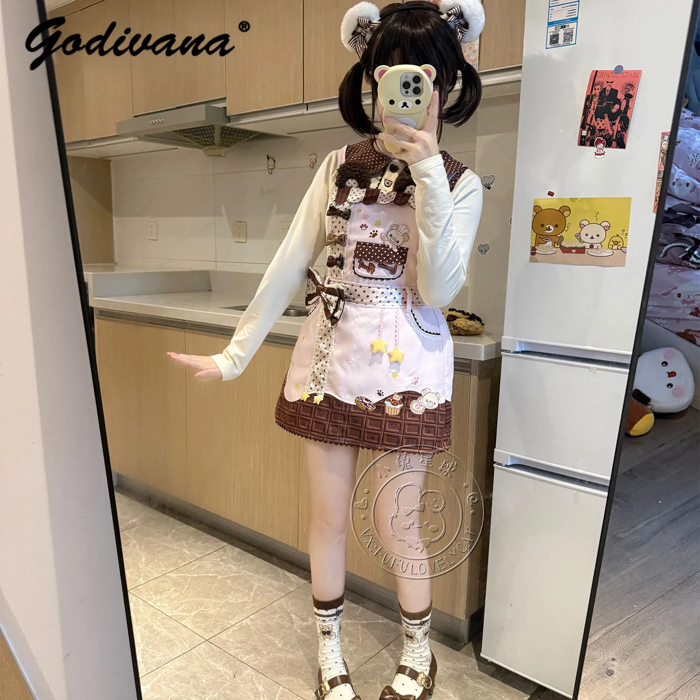 الأصلي ابنة فتاة دمية طوق كم طويل تي شيرت لطيف الكرتون الحمالة فستان الدب التطريز Kawaii الأشرطة برعم مجموعة تي شيرتات قصيرة للأطفال