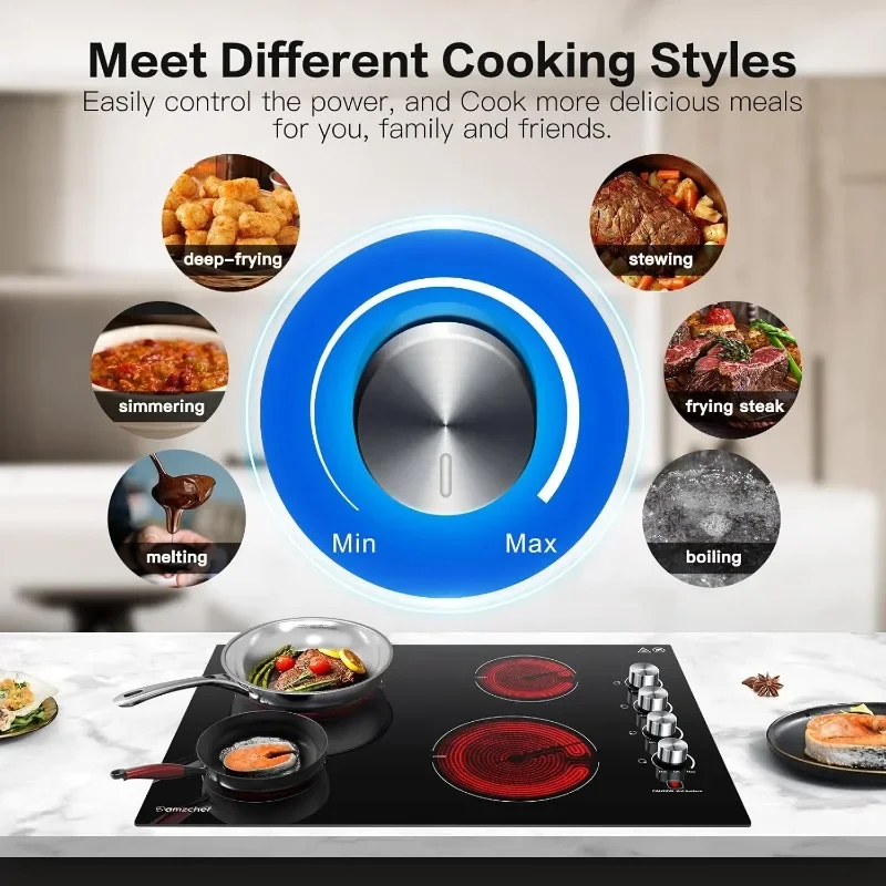 30 Inch Built-in Electric Cooktop,7000W and 4 Burners Cooktop with ETL Safety Certified,Knob Control Levels