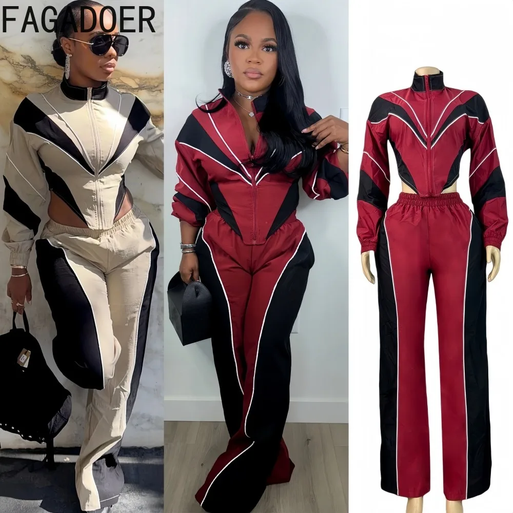 

FAGADOER Fashion Color Block Patchwork Woman 2 Piece Set Outfit Zip Long Sleeves Crop Top and Pants Matching Female Streetwear