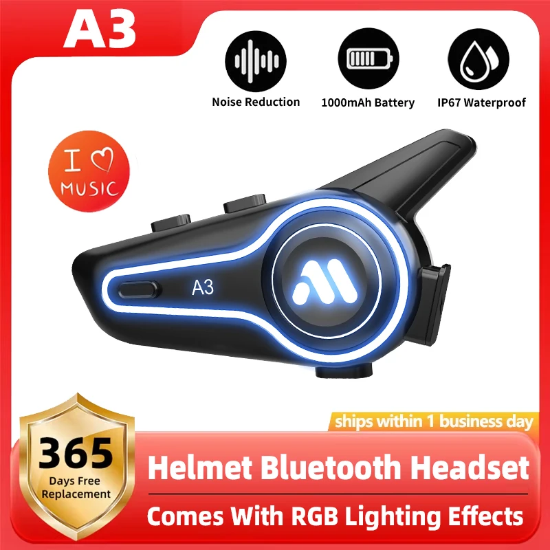 New A3 Motorcycle Helmet Bluetooth Headset Noise Reduction Waterproof Wireless 5.4 RGB Light 1000mAh Battery Music Player HIFI