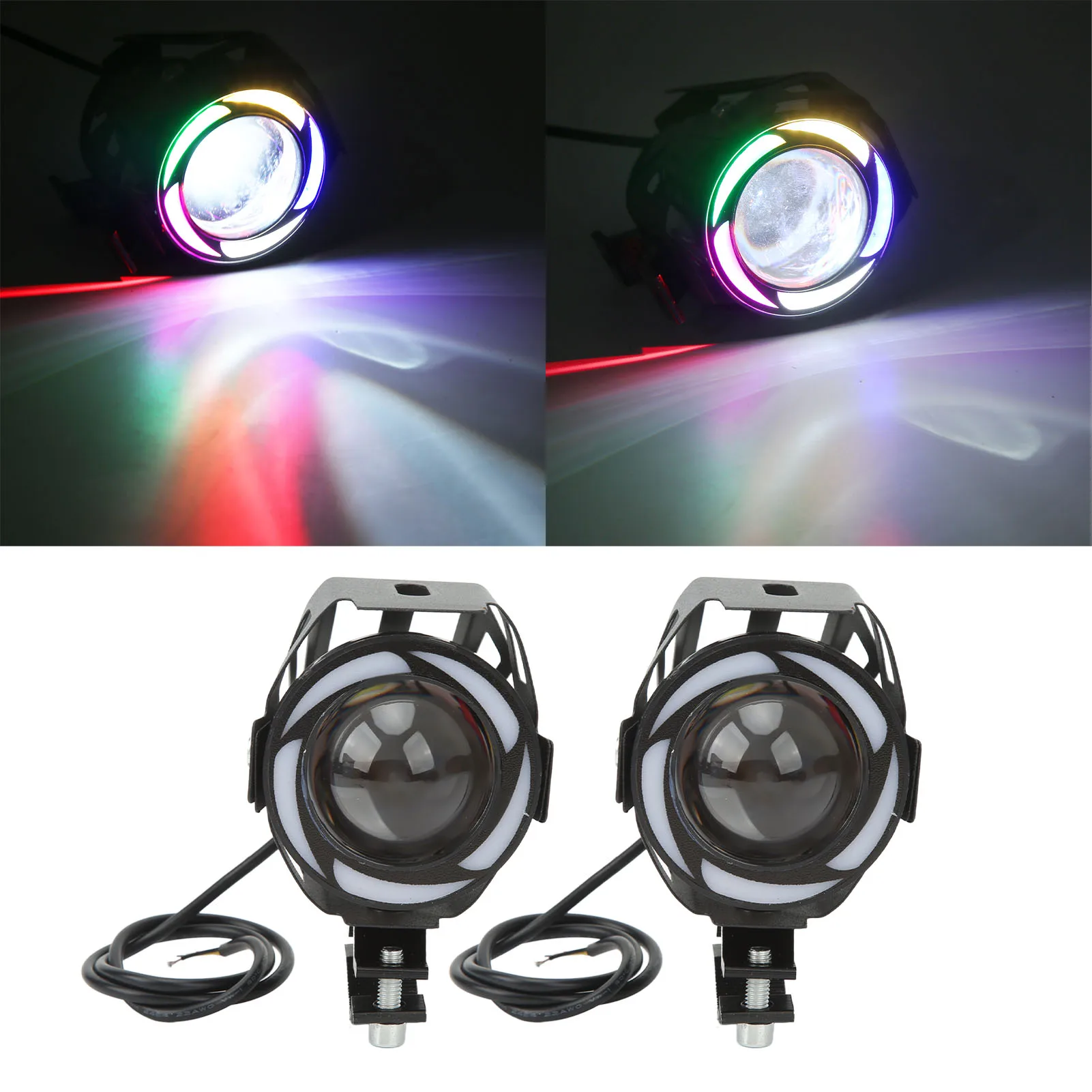 Motorcycle LED Spotlight with Colorful Angel Eye IP68 High Low Beam Flashing Light Universal for Car Truck Boat