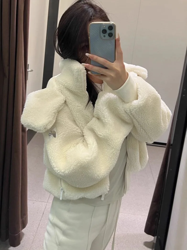 Trendy ort Lamb Fur Hooded Zipper Jaet Women's Loose Casual Cotton Coat Comfortable Korean Sle Commute Thiened Cotton