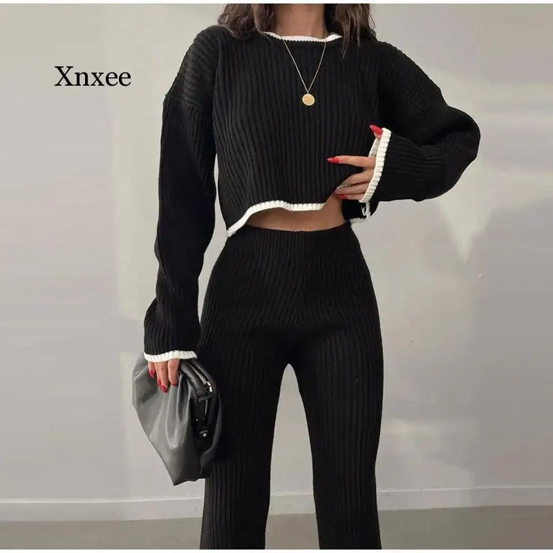 

Knit Two Piece Set Women Casual Panelled Side Split Trouser Suits Female 2023 Spring Crop Sweater High Waist Ladies Suits