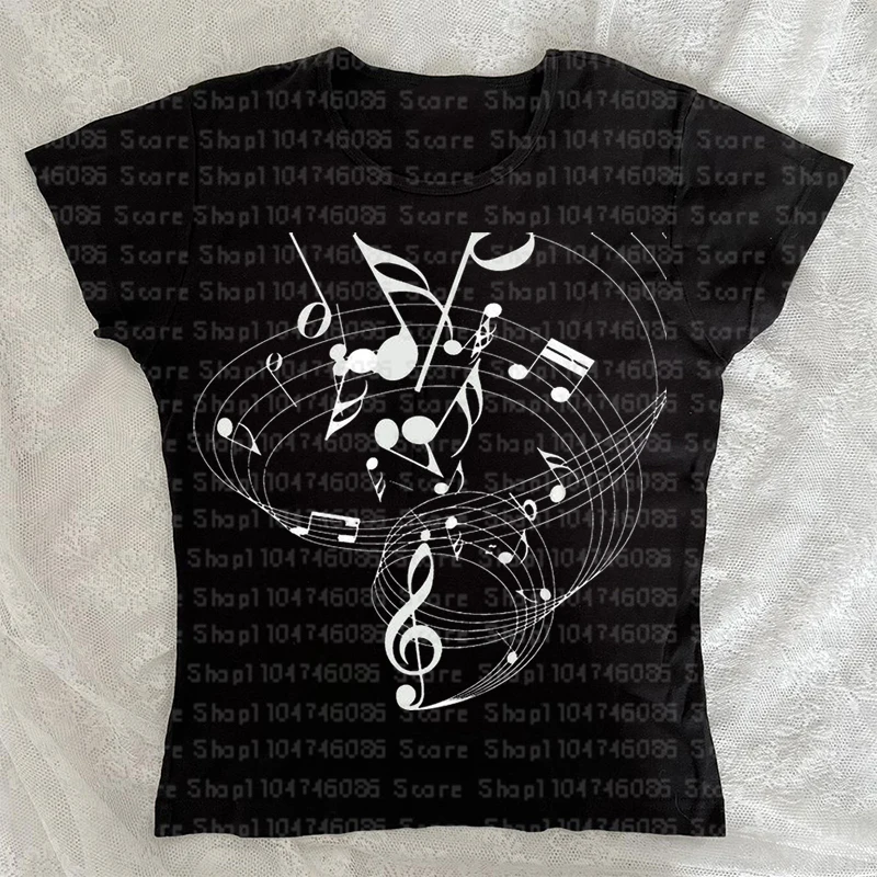 2000s aesthetics Short Sleeve Tee Shirt Gothic Retro 90s Emo Girls Style Japanese Y2k note Print T-shirt Trashy Vintage Harajuku