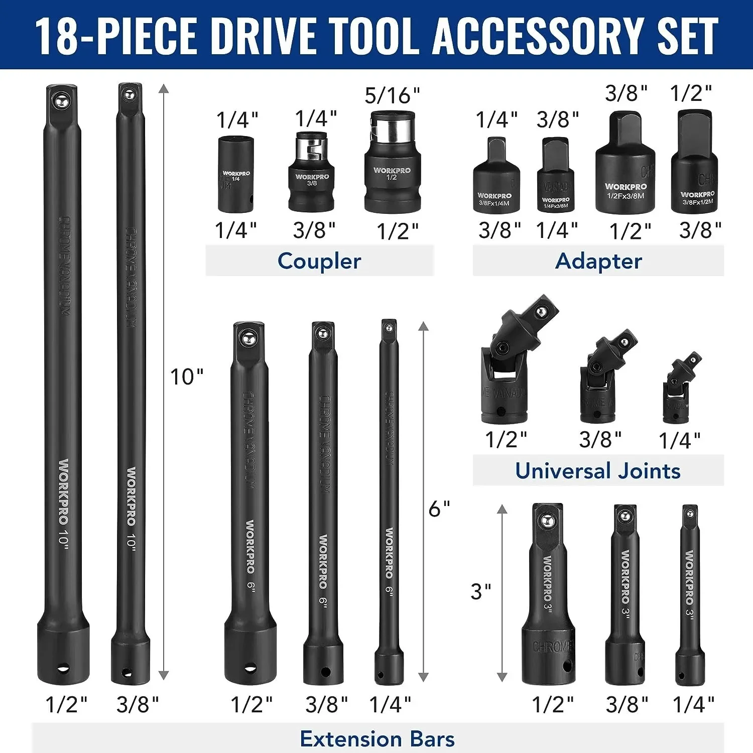 18-Pcs Drive Tool Accessory Set, Includes Socket Adapters, Socket Extension Bar, Swivel Universal Joints & Impact Coupler