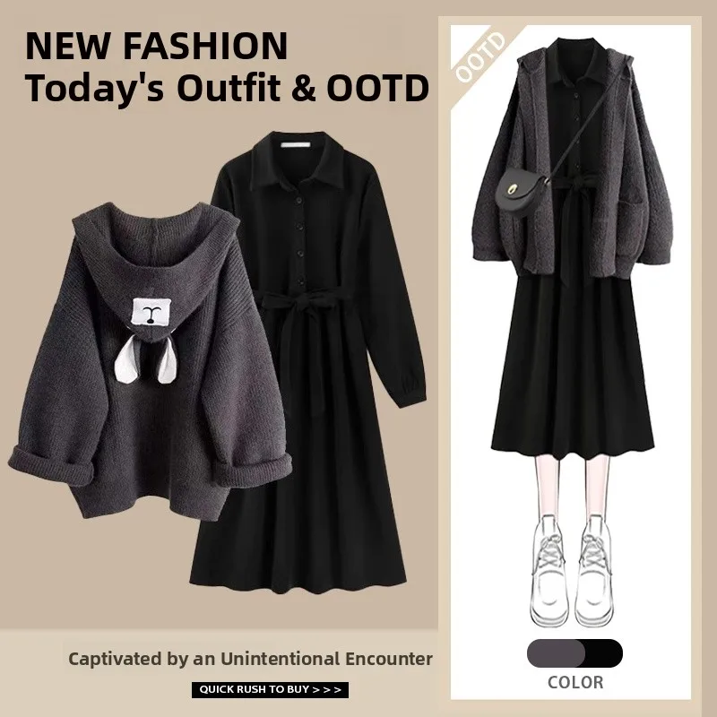 Damski komplet na jesień i zimę: długi sweter z kapturem z motywem królika, dwuczęściowy, casualowy, elegancki dla młodych kobiet.