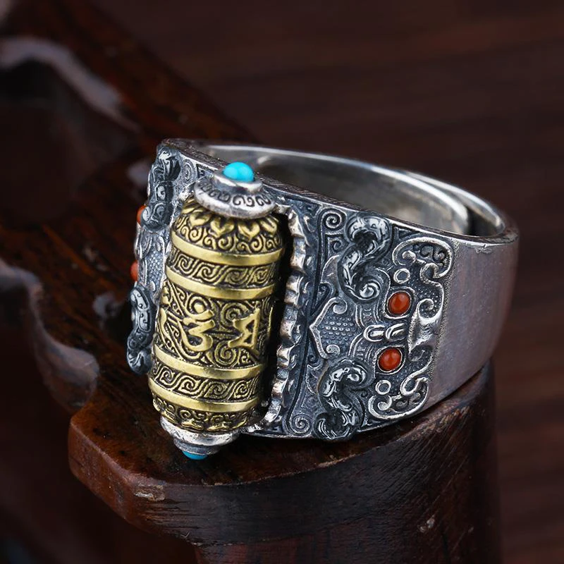 HX Silver Color Lucky Charm Ring Men Trendy Personality Vintage Unmarried Ring Rotatable Luck Party Collocation Send Jewelry