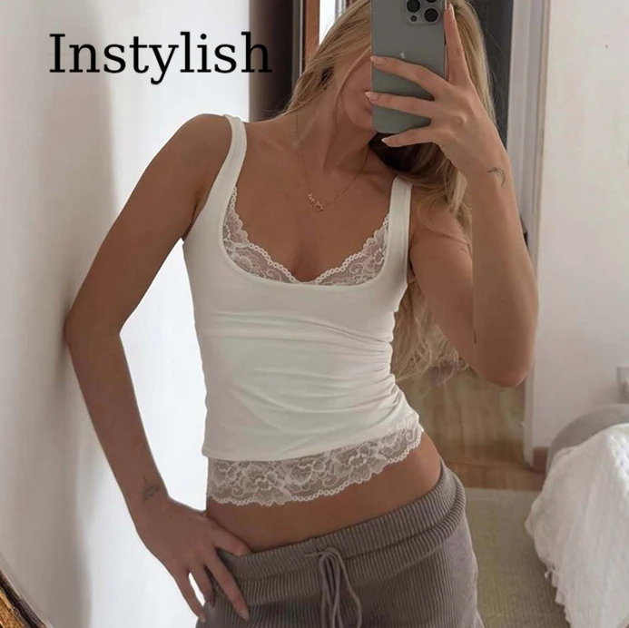 Quadratischer Ausschnitt Rückenfreies Schlankes Spitzen-Rüschen-Patchwork Tanktop Damen Mode Sexy Y2K Top Party Urlaub Kurze Sommerkleidung