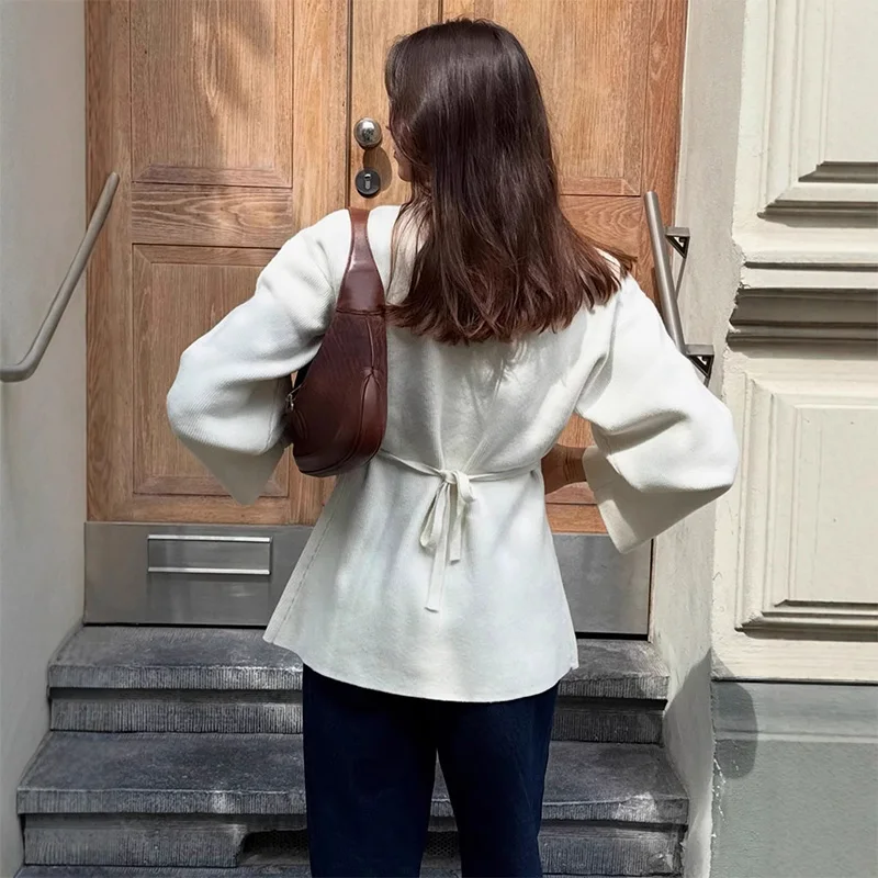 Trendix V-hals Truien Vest Top Vrouwen Herfst Casual Witte Patchwork Knop Trui 2025, Winter Bandage Slanke Truien Tops