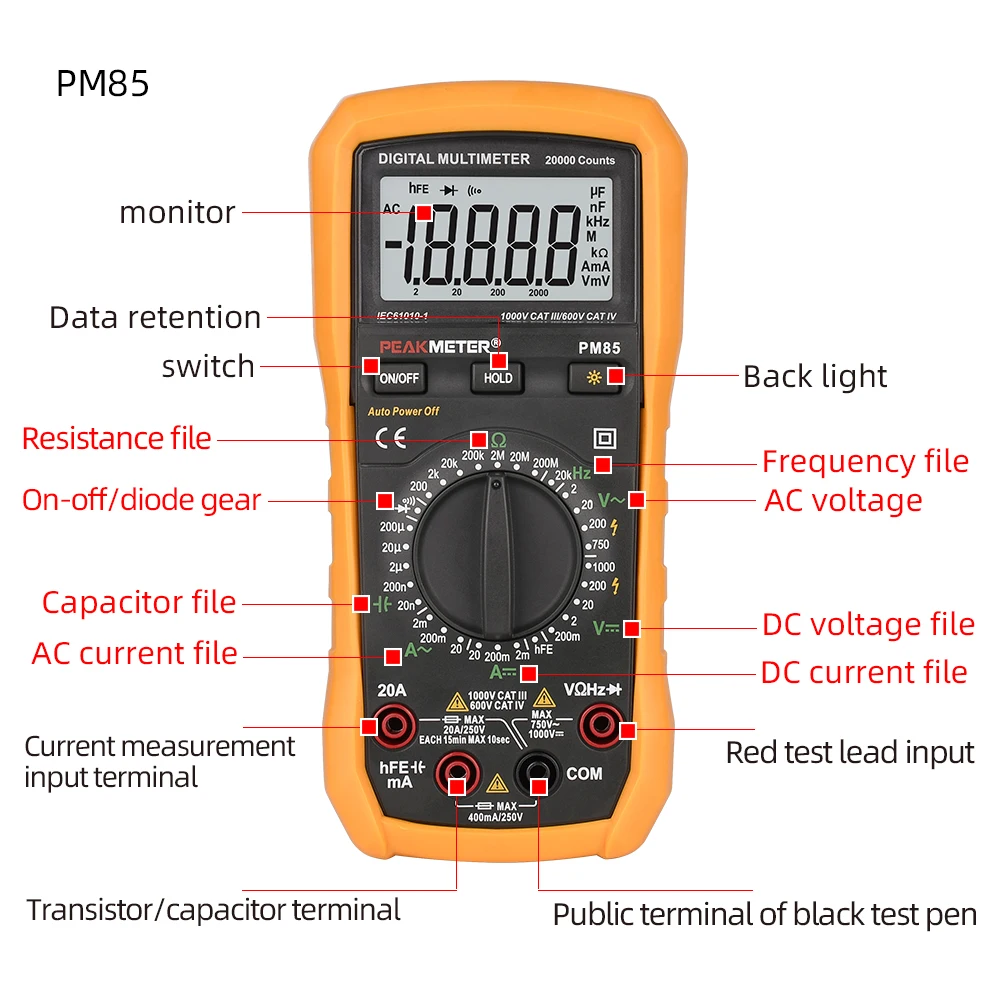 20000Counts Multimeter PEAKMETER PM85 High Precision Professional Meter with AC/DC Voltage Capacitance Frequency Resistance Test