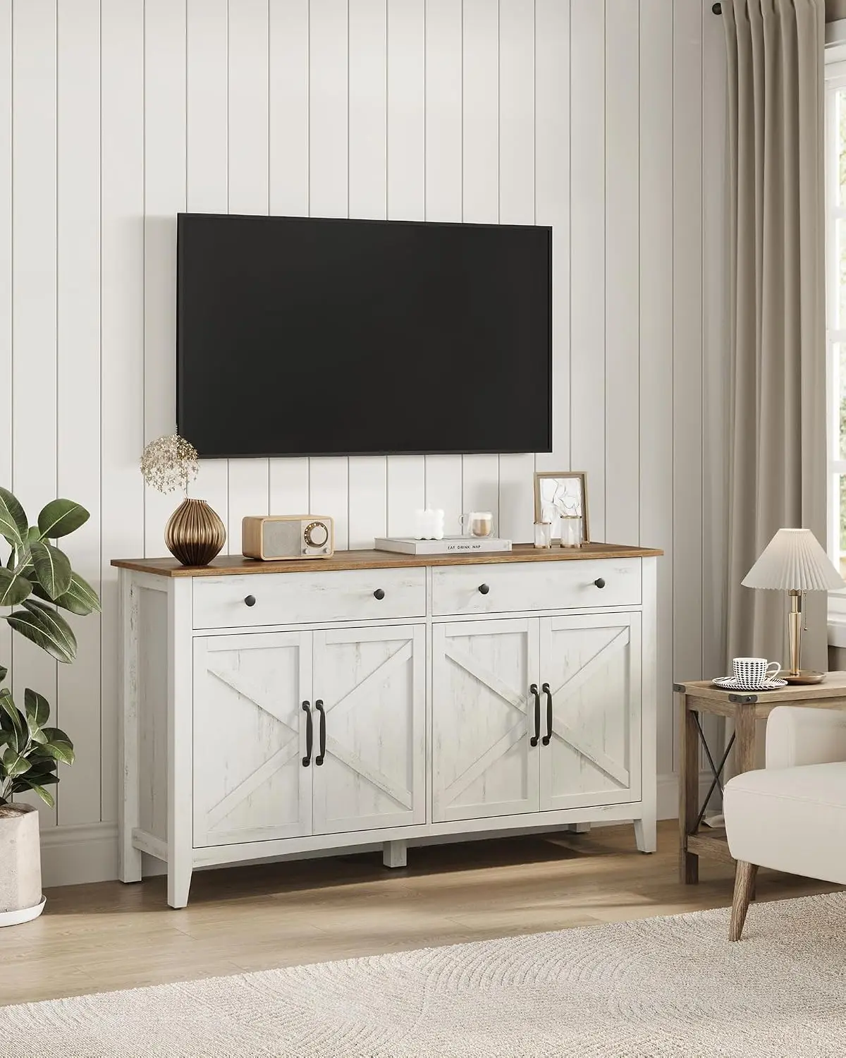 Buffet Storage Cabinet Coffee Bar Cabinet Frame With Two Drawers Adjustable Shelves Sideboard Credenza Station Table With Cable Management For Kitchen Living Room Rustic White Honey