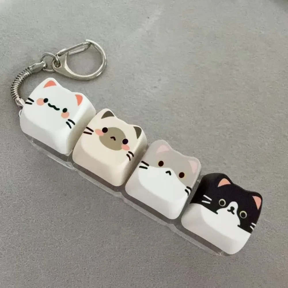 Finger-Tip Pressing Button Cat Fidget Clicker Keychain Cute Cat Kawaii Keycap Keychain Creative 4-Key