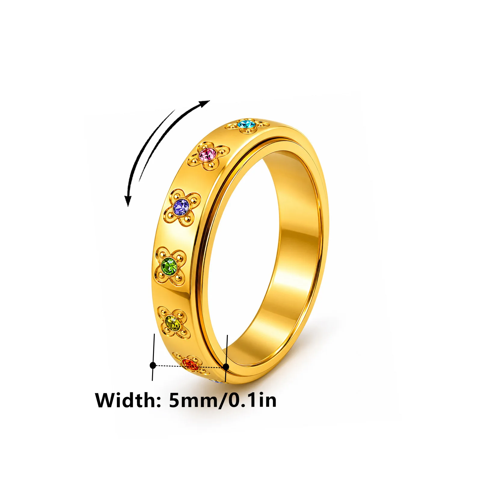 Akizoom Stainless Steel Rotatable Flower Zircon Ring for Woman Anti Stress and Anxiety Rotating Ring Daily Couple Jewelry Gift