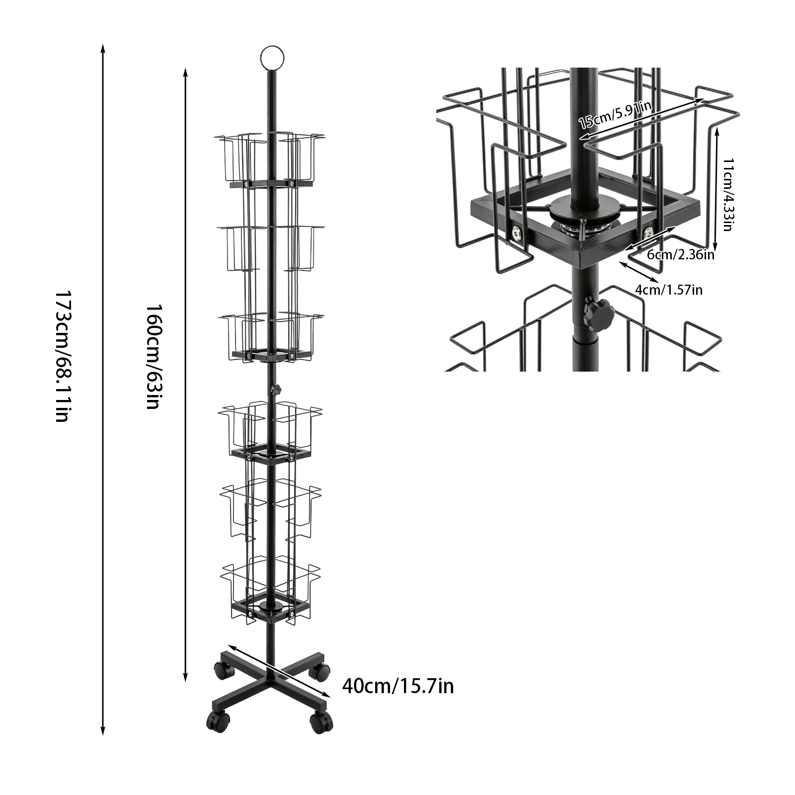 Porta biglietti d'auguri a sei piani in ferro nero da 1,73 metri di altezza Espositore per carte rotante a 24 bit con ruota del freno