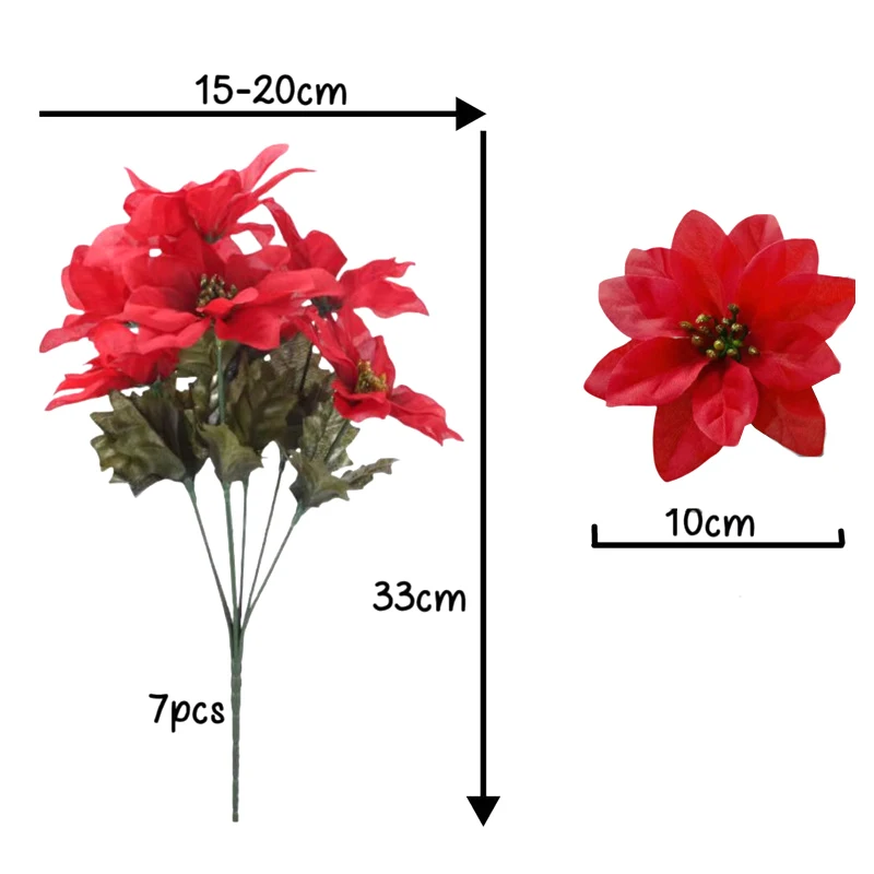 人工ポインセチアの茂み,家の装飾,偽の絹のクリスマスの花の花束,結婚披露宴の装飾,7つの頭,白,赤,33cm