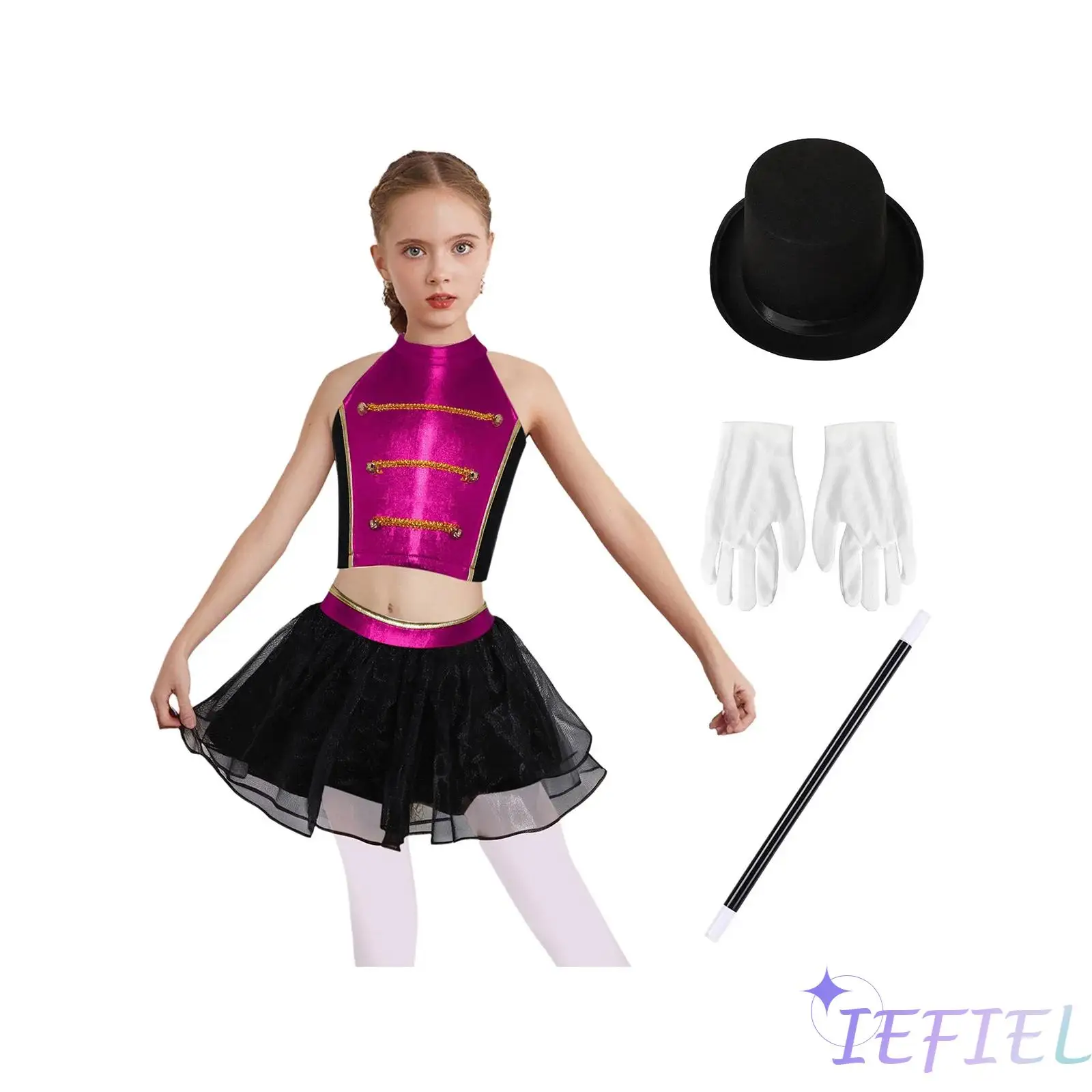 

Kids Girls Circus Costume 5Pc Set Color Block Top Mesh Puffy Skirt with Hat Magic Wand for Halloween Themed Party Dress Up