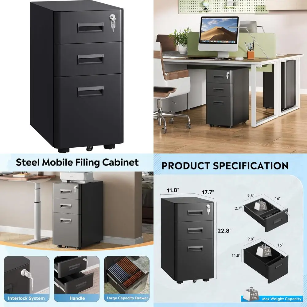 

Мобильный черный шкаф для документов с 3 ящиками и замком, 17,7 (глубина) x 11,8 (ширина) x 22,8 (высота) для домашнего офиса