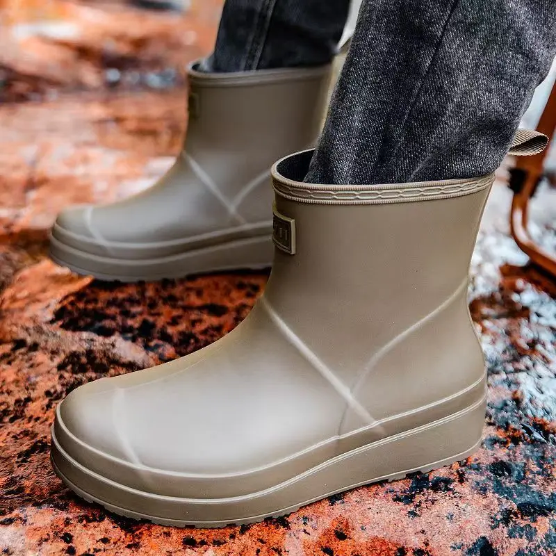 Men's Thick Sole Big Size Ankle Rain Boots Spring Autumn New Thick Sole Round Toe Slip On Lovers Waterproof Kitchen Work Shoes