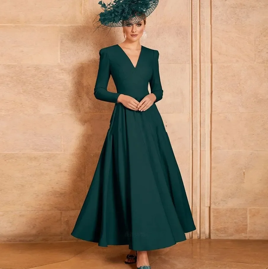 

Elegance Simple Dark Green Mother of the Bride Dress Sexy V Neck Long Sleevs Wedding Guest Party Enening Dresses Robe De Soiree