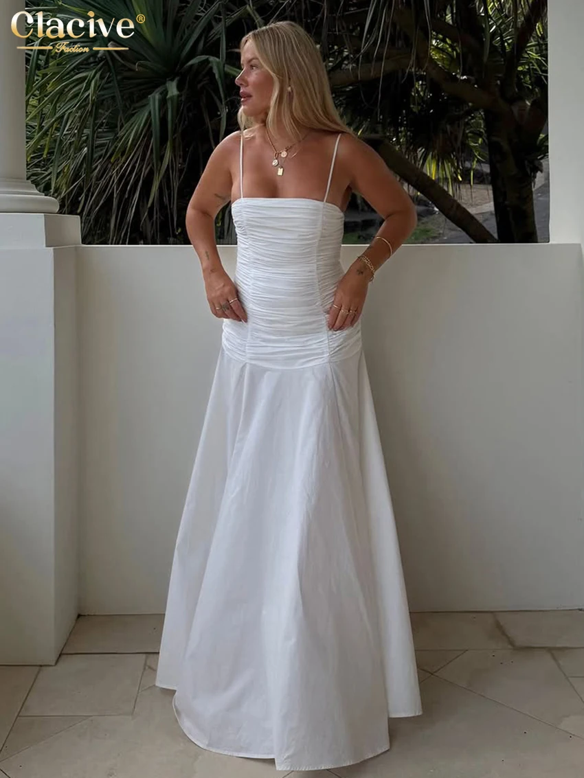 

Clacive Summer Loose White Cotton Women's Dress Sexy Strap Sleeveless Maxi Dresses Elegant Classic Solid Female Dress Streetwear