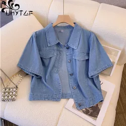 UHYTGF Short-Sleeved Summer Denim Jacket Women's Single-Breasted Short Jeans Shirt Coat Female Casual Blue Thin Tops Ladies 2602