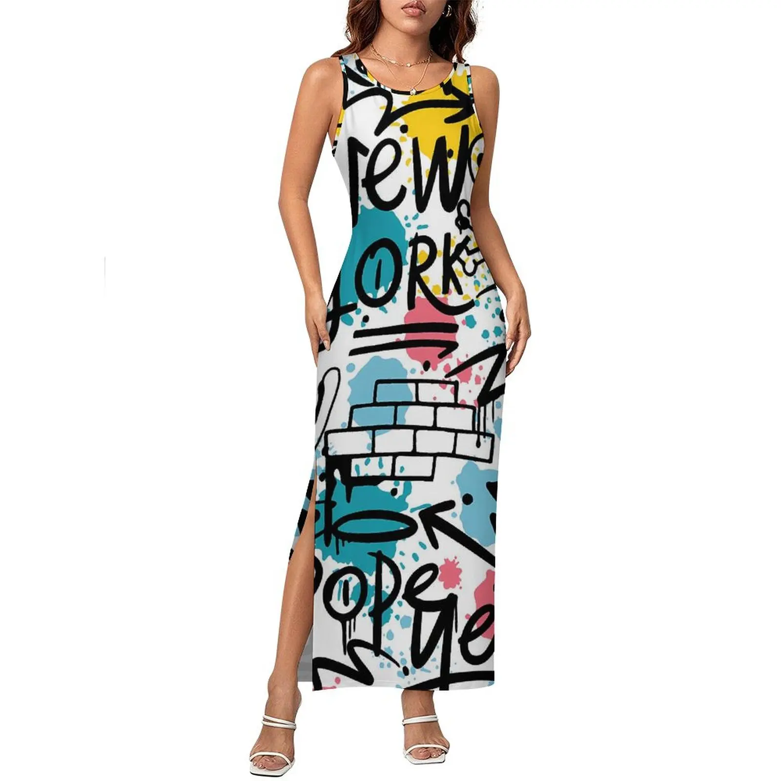 グラフィティプリントノースリーブニューヨークストリートスタイルマキシ丈ワンピース クラブセクシーボディコンワンピース レディースカスタムオーバーサイズ服