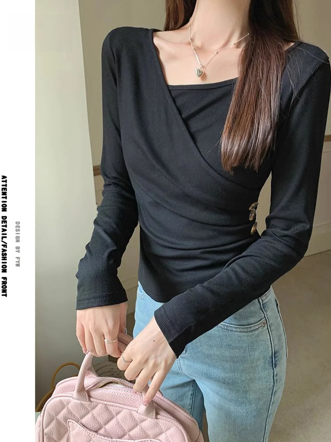 T-shirt da donna in cotone modale Princ Sle Long Sve Strato base irt Abbigliamento interno Top asimmetrico leggero di lusso
